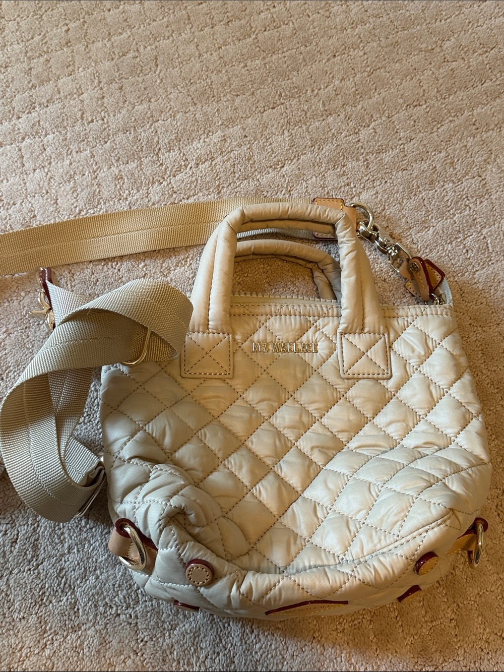 MZ Wallace Mini Sutton Quilted Cream Shoulder Tote with Adjustable Strap